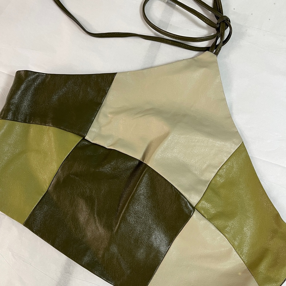 Bailey Rose Patchwork Halter Crop Top - Green boho medium faux leather-like